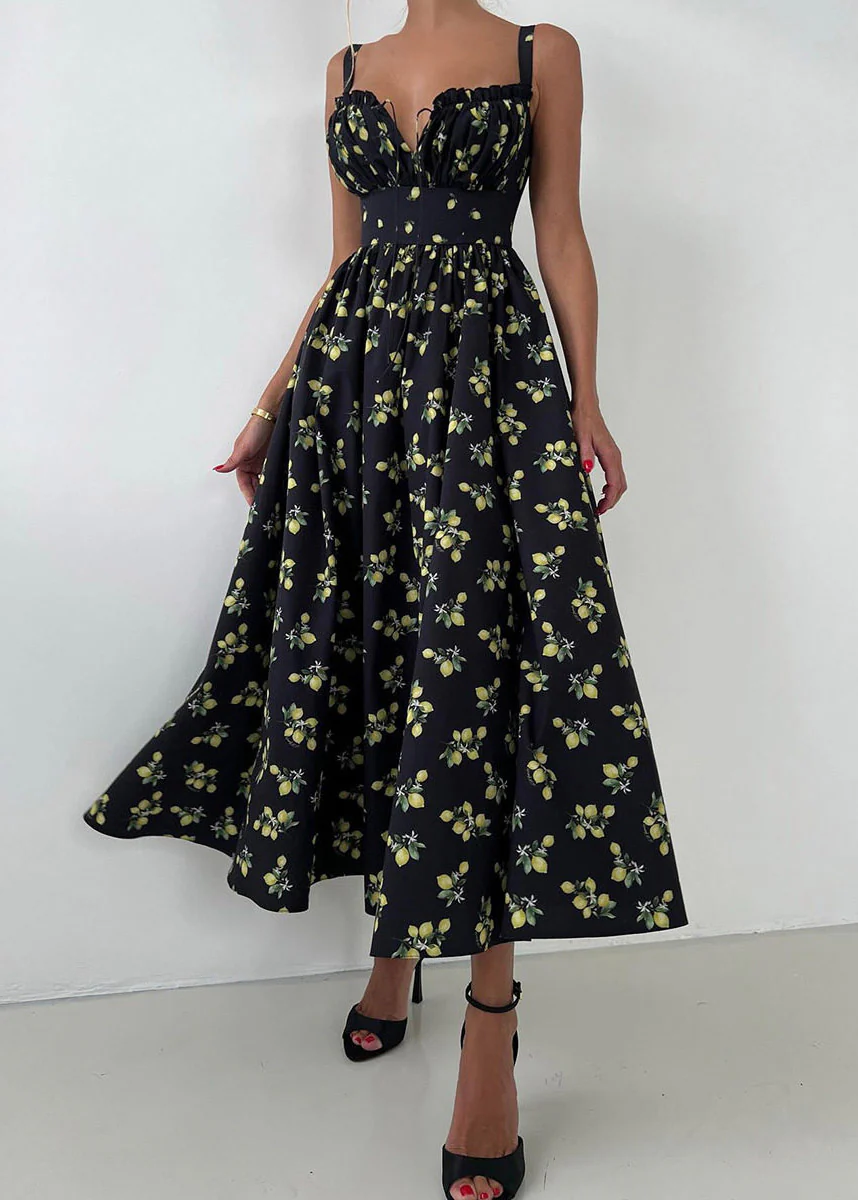 Black Square Collar High Waist Maxi Spaghetti Strap Dress Summer - Image 2