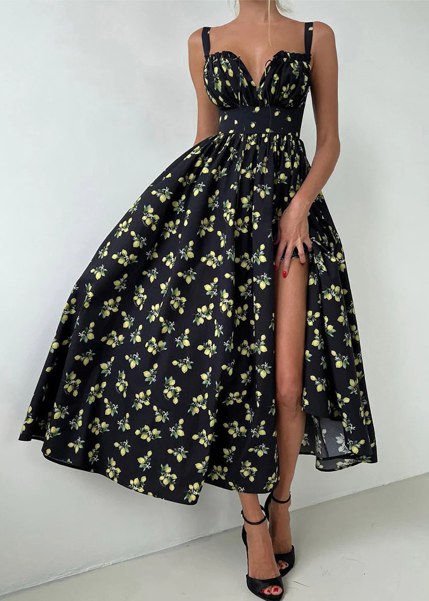 Black Square Collar High Waist Maxi Spaghetti Strap Dress Summer - Image 3