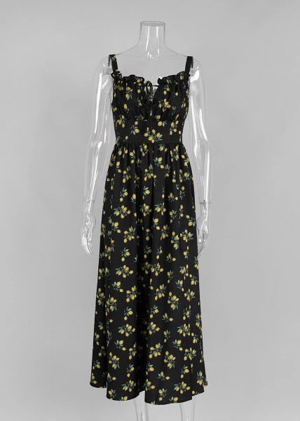 Black Square Collar High Waist Maxi Spaghetti Strap Dress Summer - Image 4