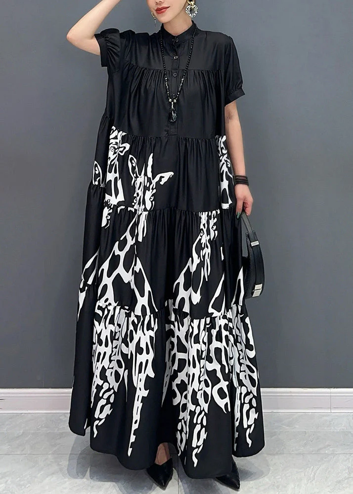 Black Stand Collar Button Maxi Dress Short Sleeve - Image 2
