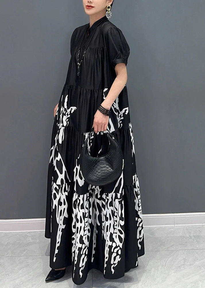Black Stand Collar Button Maxi Dress Short Sleeve - Image 3
