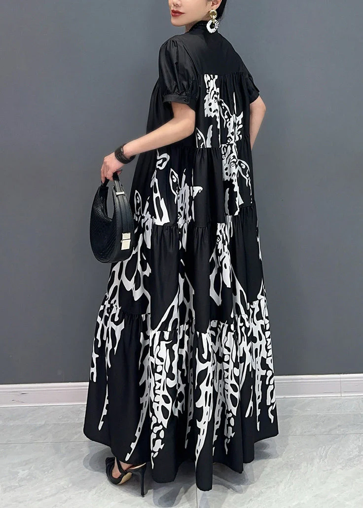 Black Stand Collar Button Maxi Dress Short Sleeve - Image 4