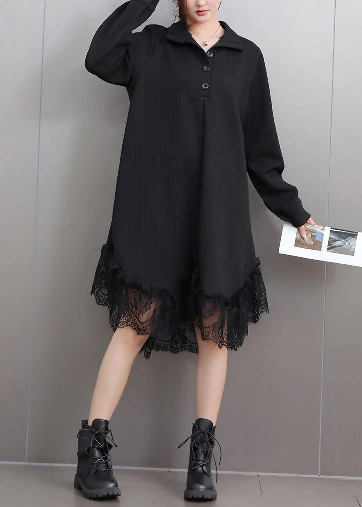 Black Stand Collar Button Maxi Dresses Puff Sleeve - Image 2