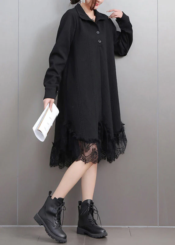 Black Stand Collar Button Maxi Dresses Puff Sleeve - Image 3