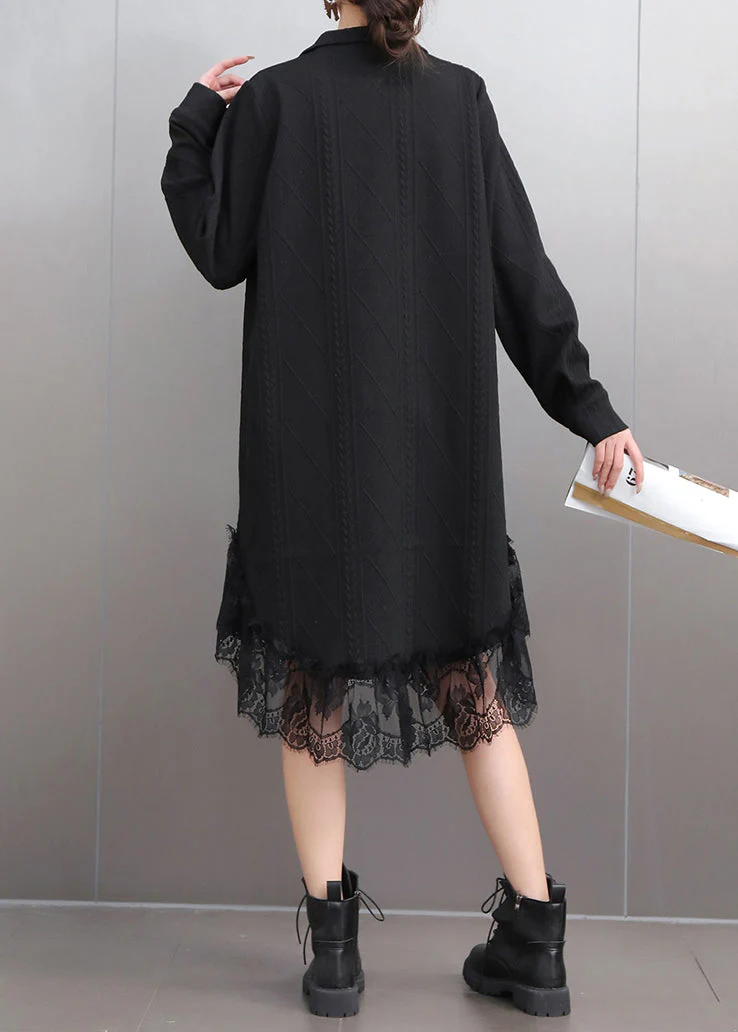 Black Stand Collar Button Maxi Dresses Puff Sleeve - Image 4