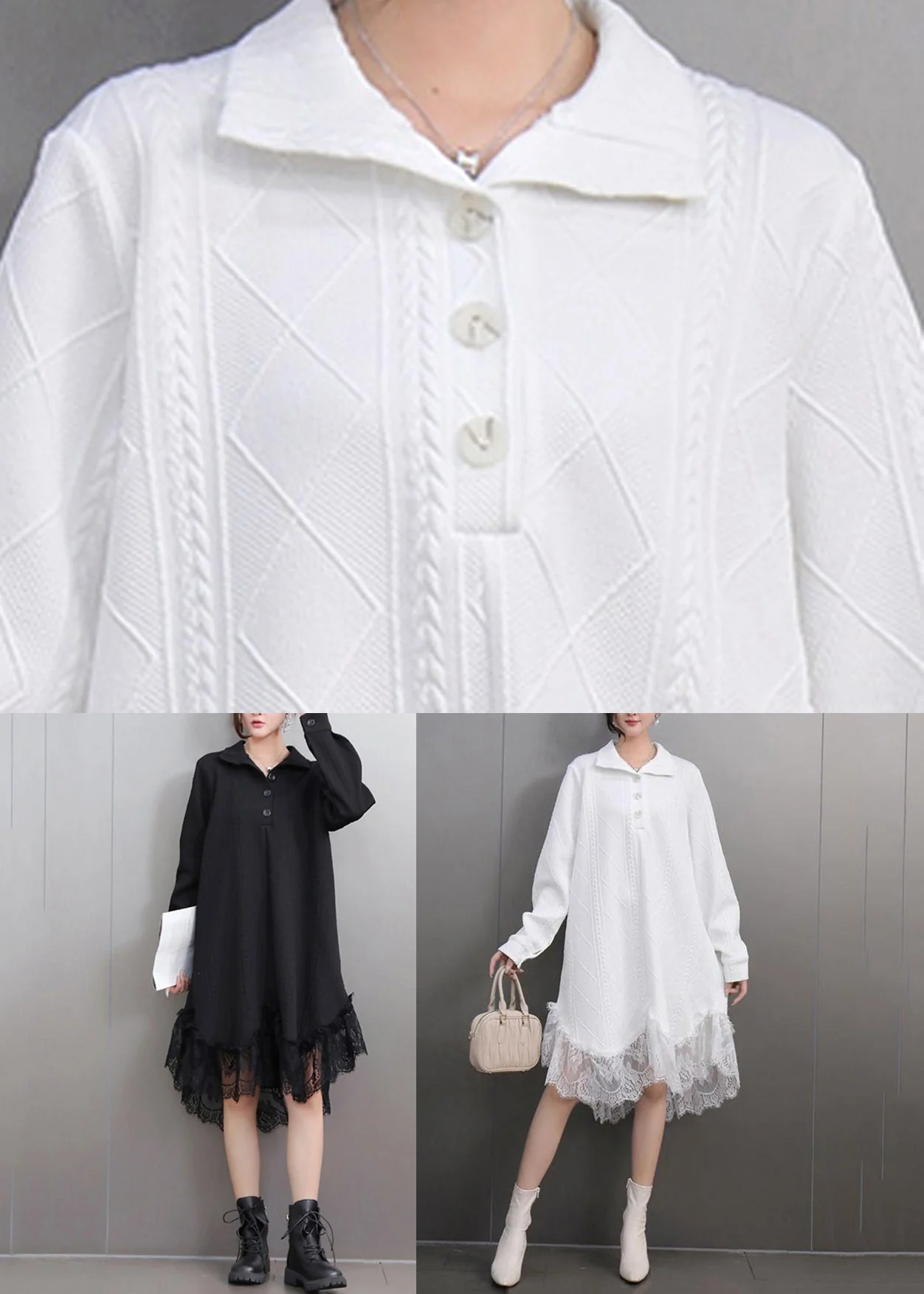 Black Stand Collar Button Maxi Dresses Puff Sleeve - Image 5