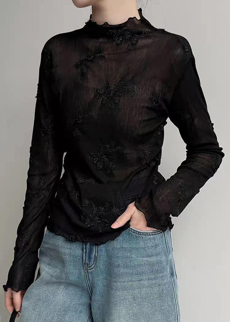 Black Stand Collar Patchwork Tulle Shirts Spring - Image 3