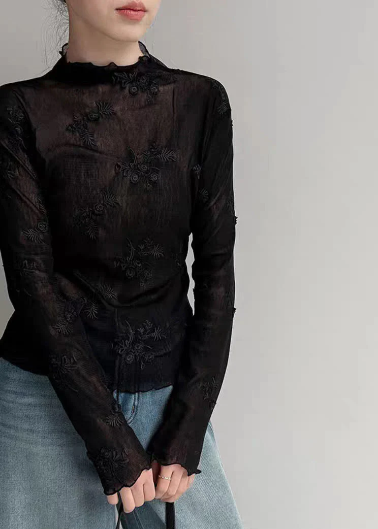 Black Stand Collar Patchwork Tulle Shirts Spring - Image 4