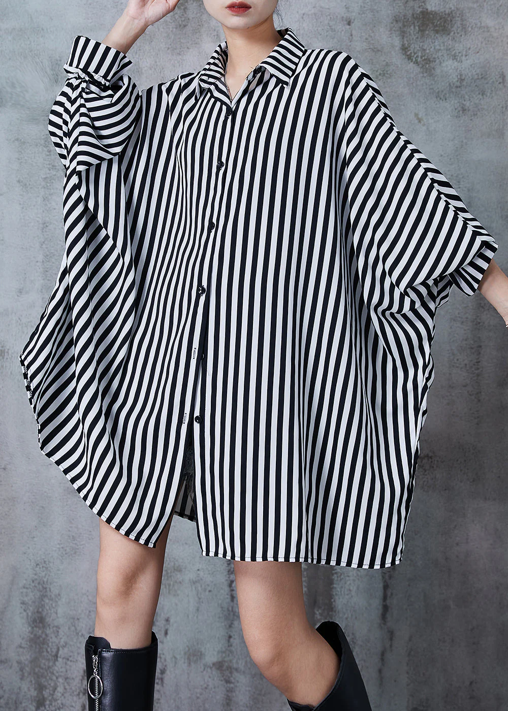 Black Striped Chiffon Shirt Dress Oversized Batwing Sleeve - Image 2