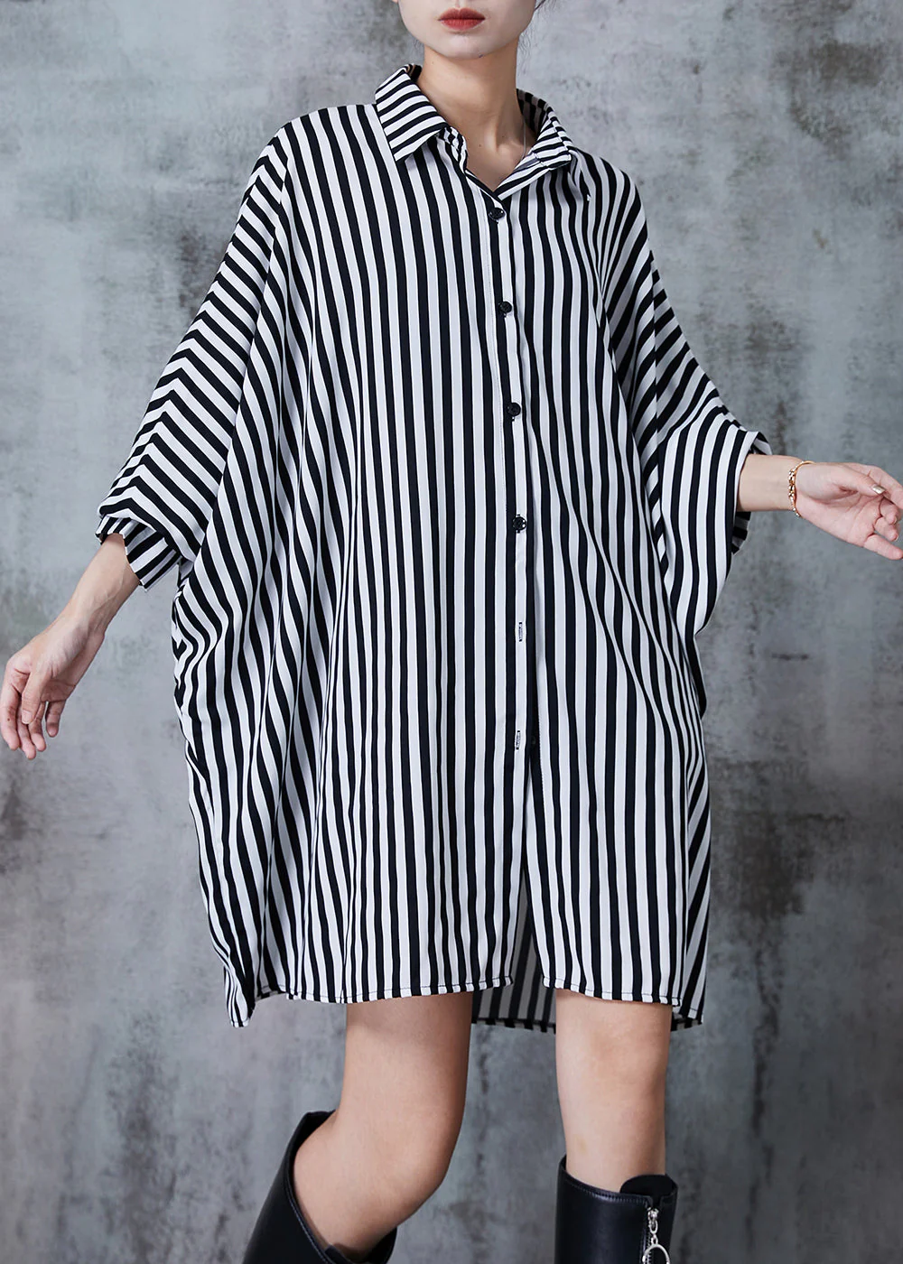 Black Striped Chiffon Shirt Dress Oversized Batwing Sleeve - Image 3