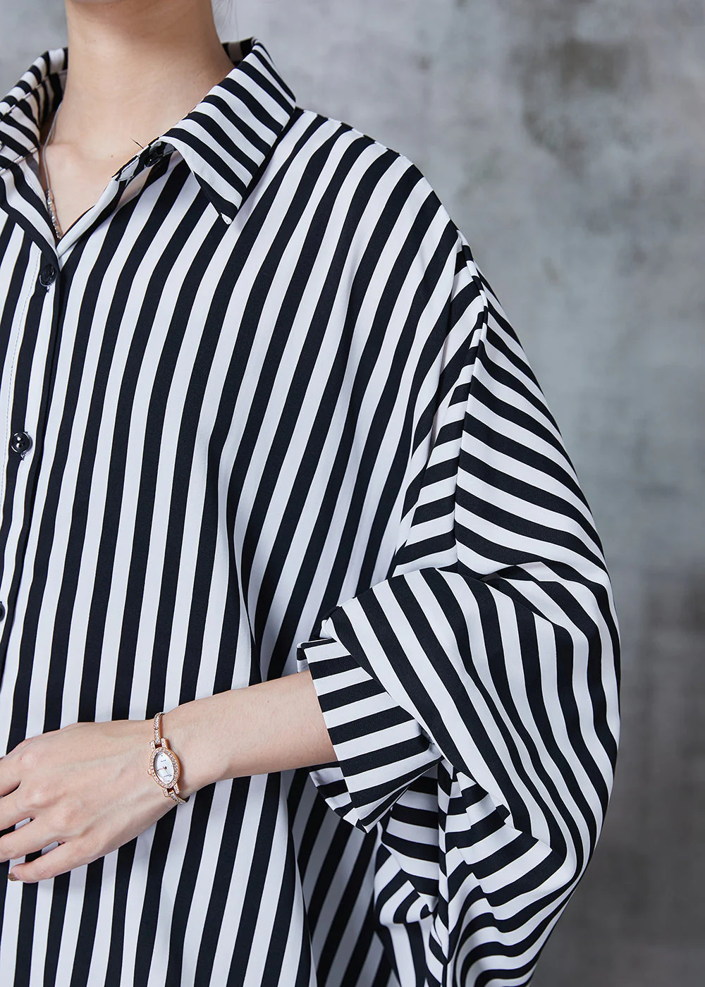 Black Striped Chiffon Shirt Dress Oversized Batwing Sleeve - Image 5