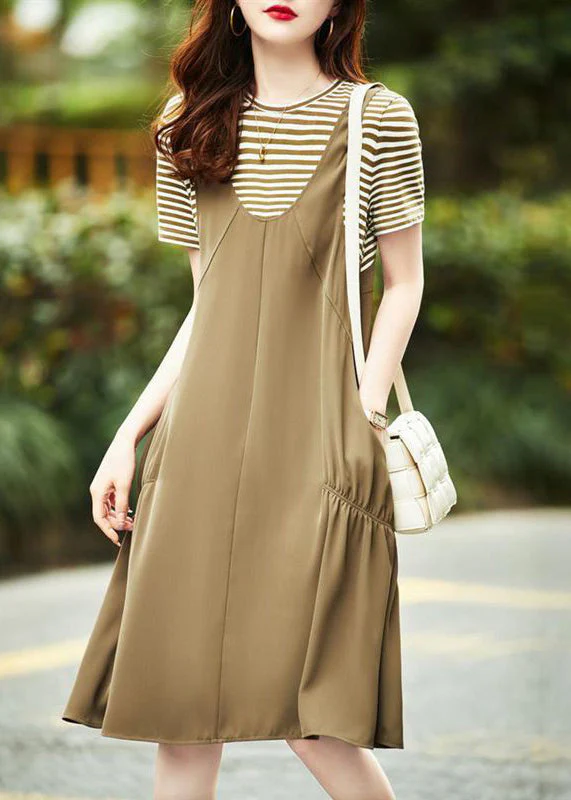 Black Striped Patchwork Cotton Dresses Wrinkled Short Sleeve - Image 2