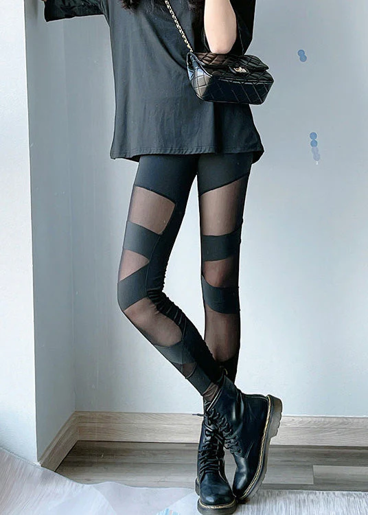 Black Thin Tulle Spliced High Waist Dri Fit Leggings - Image 2
