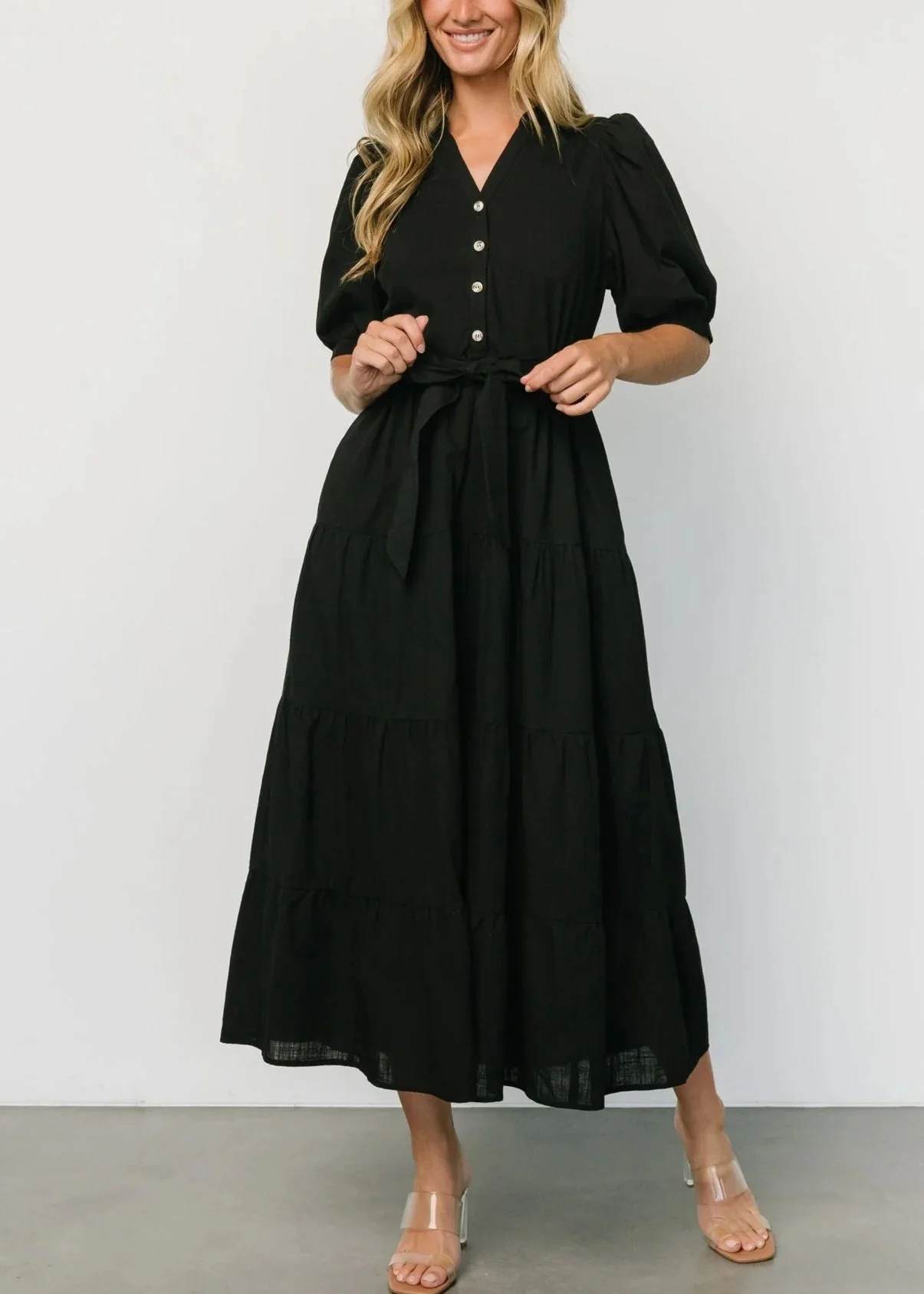 Black Tie Waist Cotton Long Dresses V Neck Short Sleeve - Image 2