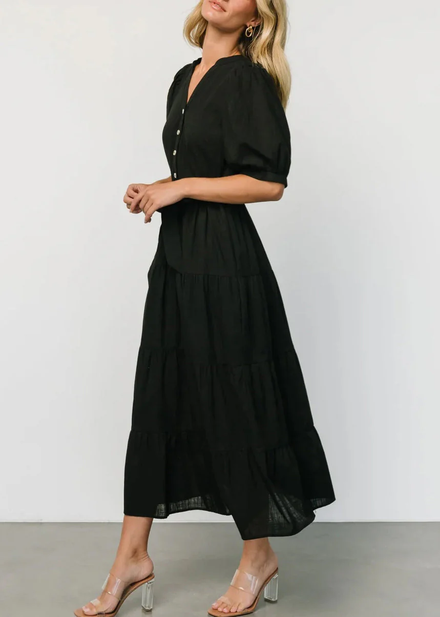 Black Tie Waist Cotton Long Dresses V Neck Short Sleeve - Image 3