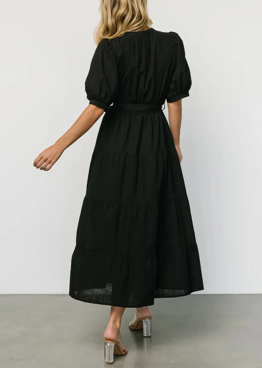 Black Tie Waist Cotton Long Dresses V Neck Short Sleeve - Image 4