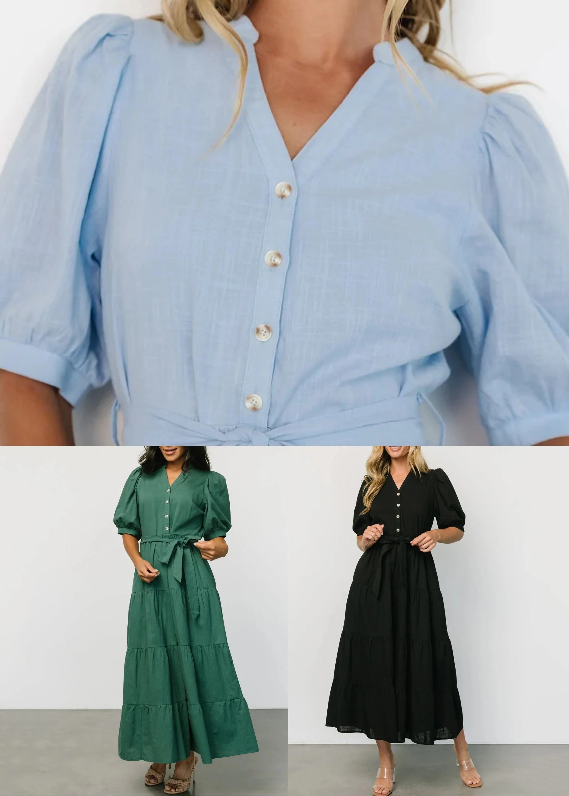 Black Tie Waist Cotton Long Dresses V Neck Short Sleeve - Image 5