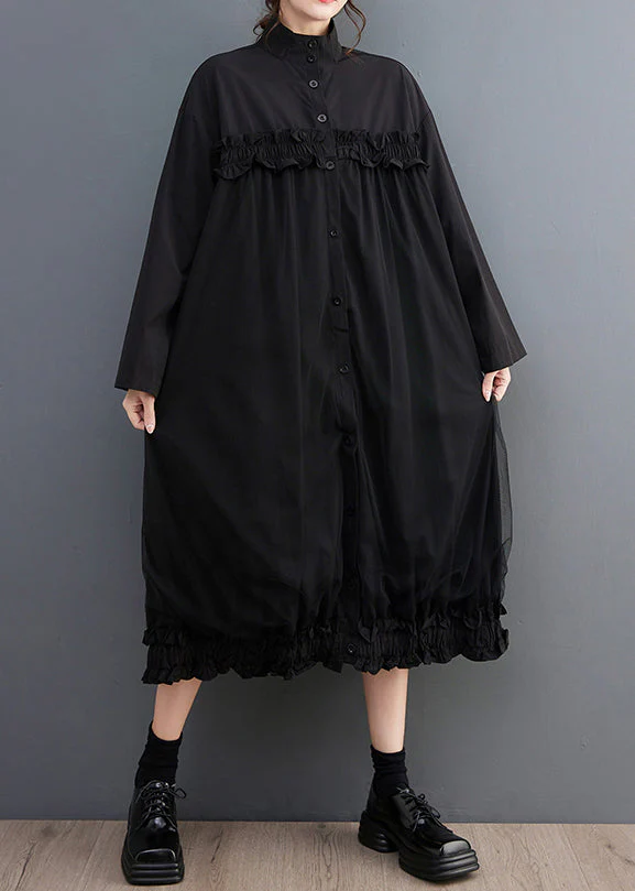 Black Tulle Button Patchwork Shirts Dress Stand Collar Long Sleeve - Image 2
