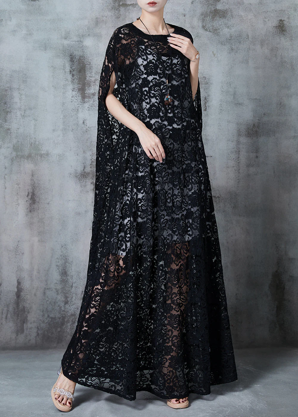 Black Tulle Long Dresses Embroidered Hollow Out Summer - Image 3