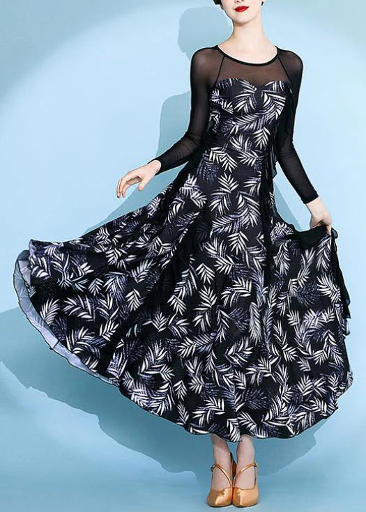Black Tulle Patchwork Chiffon Long Dresses O Neck Long Sleeve - Image 3