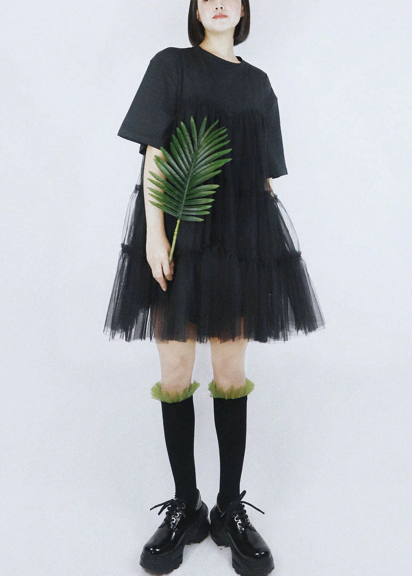 Black Tulle Patchwork Cotton A Line Dress O-Neck Short Sleeve - Image 4