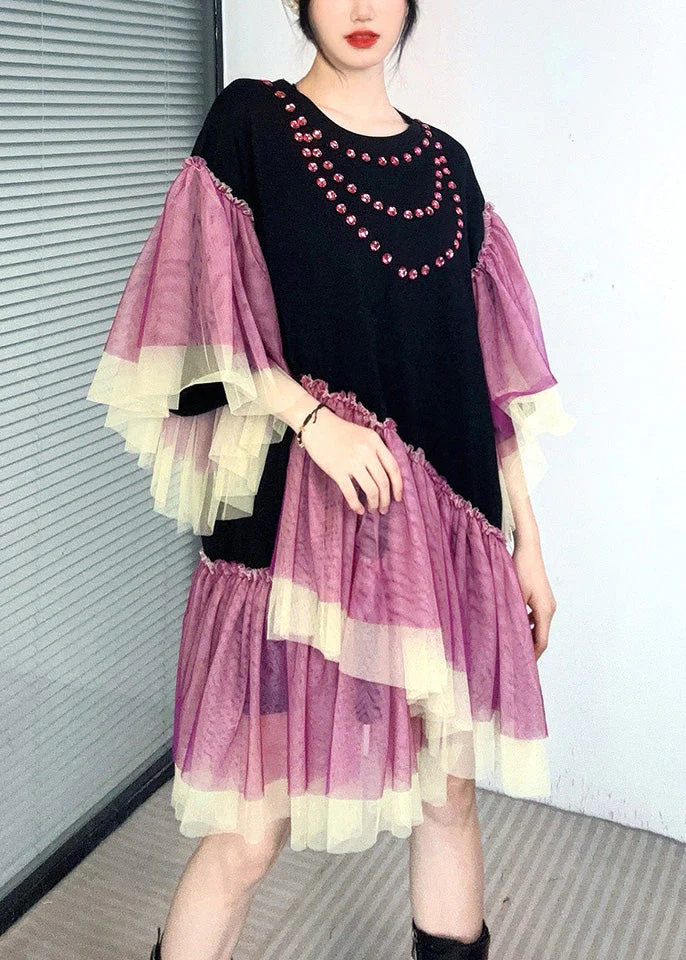 Black Tulle Patchwork Cotton Mid Dresses Ruffled Butterfly Sleeve - Image 2