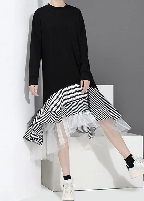 Black Tulle Patchwork Holiday Dress O-Neck Ruffles Asymmetrical Spring - Image 2