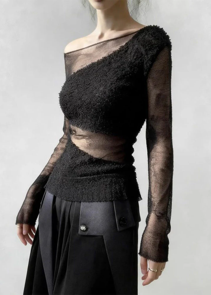 Black Tulle Patchwork Knit Sweater Cold Shoulder - Image 3