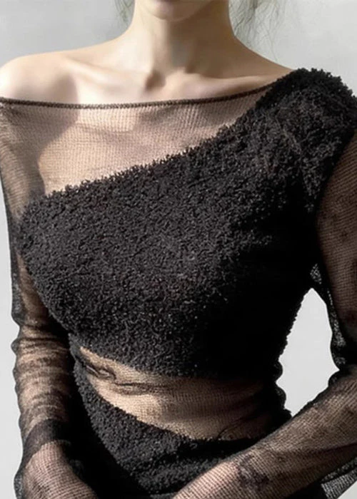 Black Tulle Patchwork Knit Sweater Cold Shoulder - Image 4