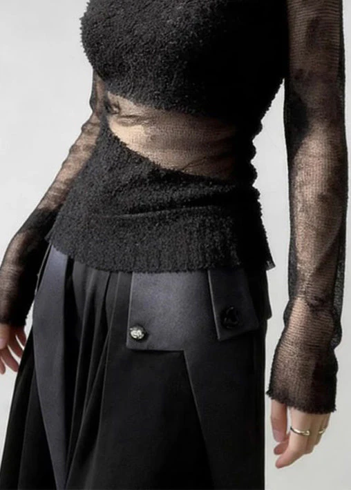 Black Tulle Patchwork Knit Sweater Cold Shoulder - Image 5