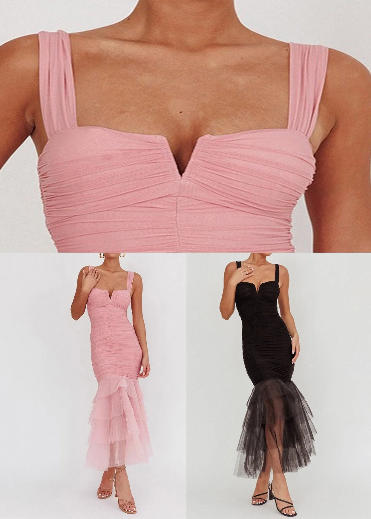 Black Tulle Patchwork Spaghetti Strap Dress Wrinkled Summer - Image 5