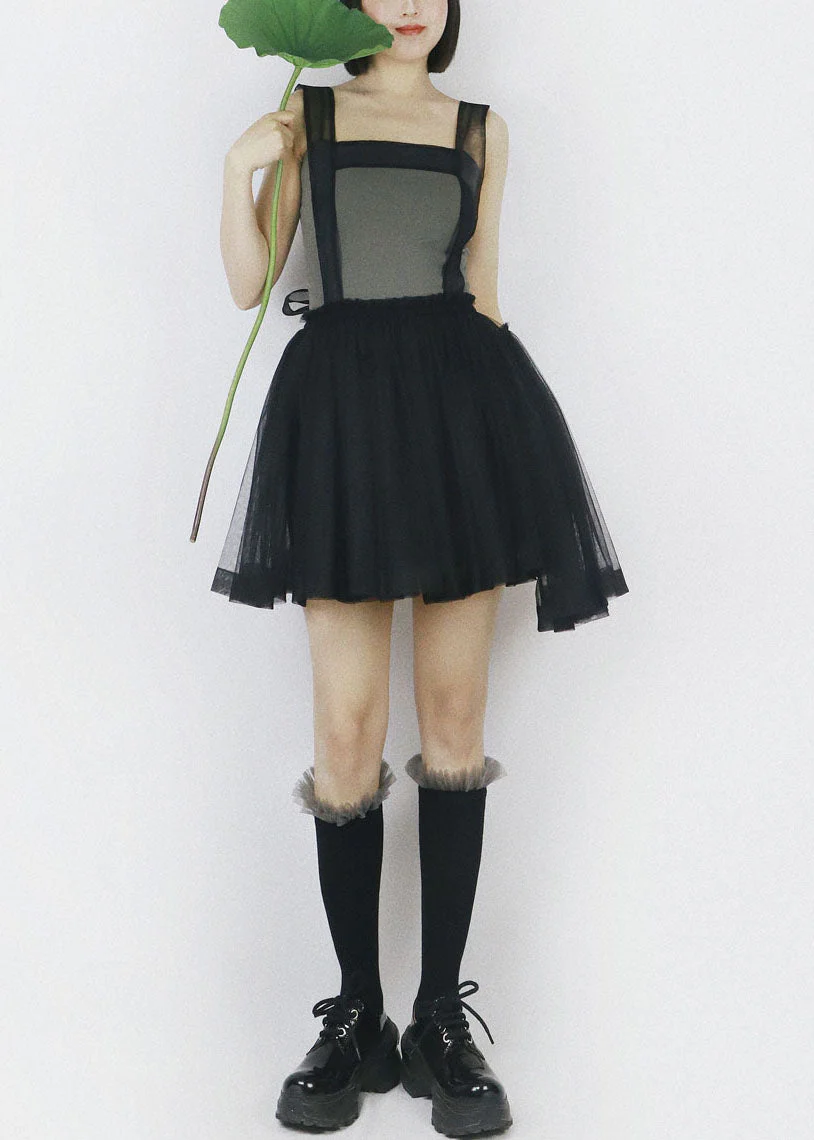 Black Tulle Strap Short Dress Solid Color Elastic Waist Summer - Image 2