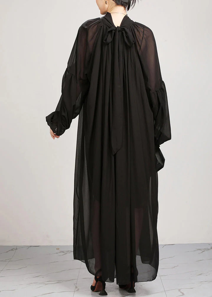 Black Turtleneck Chiffon Maxi Dresses Lantern Sleeve - Image 4