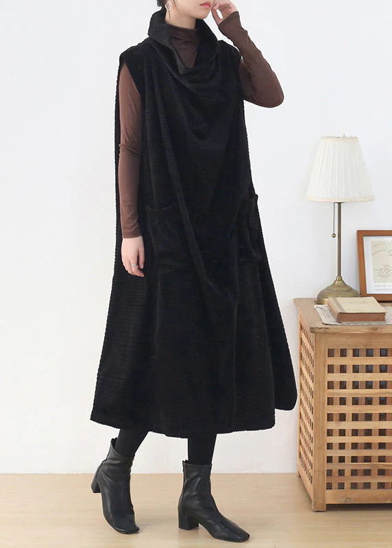 Black Turtleneck Draping Knit Cotton DressSleeveless - Image 3