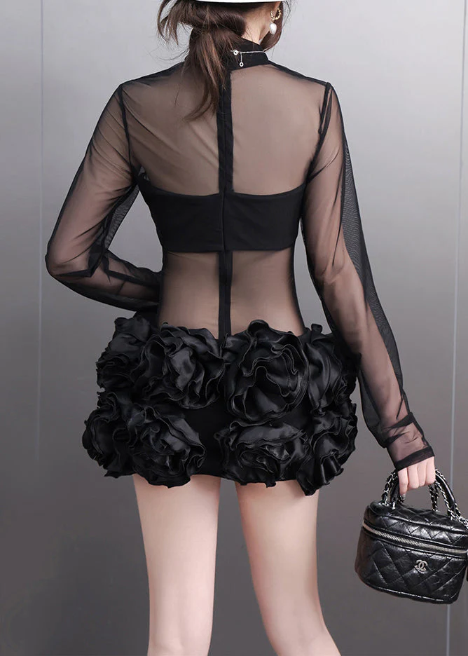 Black Turtleneck Floral Tulle Mid Dress Long Sleeve - Image 4