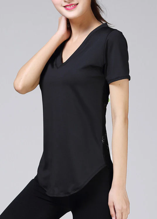Black V-Neck Hollow Lace Quick Drying Sports T-Shirt Top Summer - Image 2