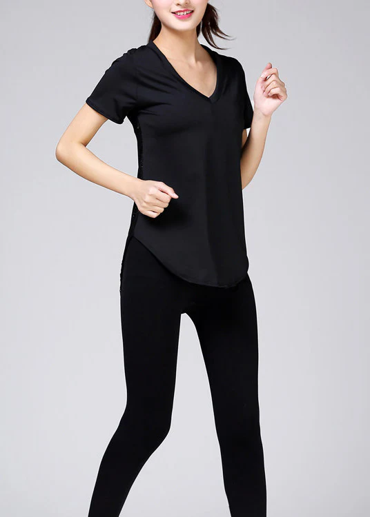 Black V-Neck Hollow Lace Quick Drying Sports T-Shirt Top Summer - Image 4