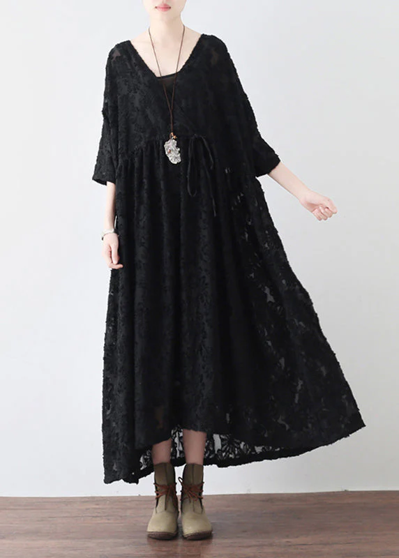 Black V Neck Tie Waist Chiffon Maxi Dresses Long Sleeve - Image 2