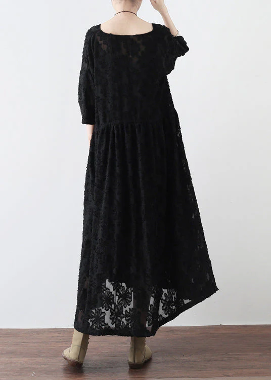 Black V Neck Tie Waist Chiffon Maxi Dresses Long Sleeve - Image 3