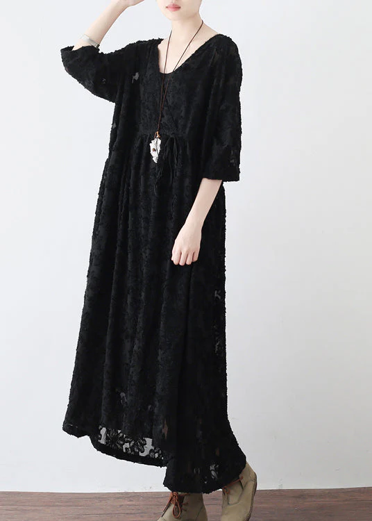 Black V Neck Tie Waist Chiffon Maxi Dresses Long Sleeve - Image 4