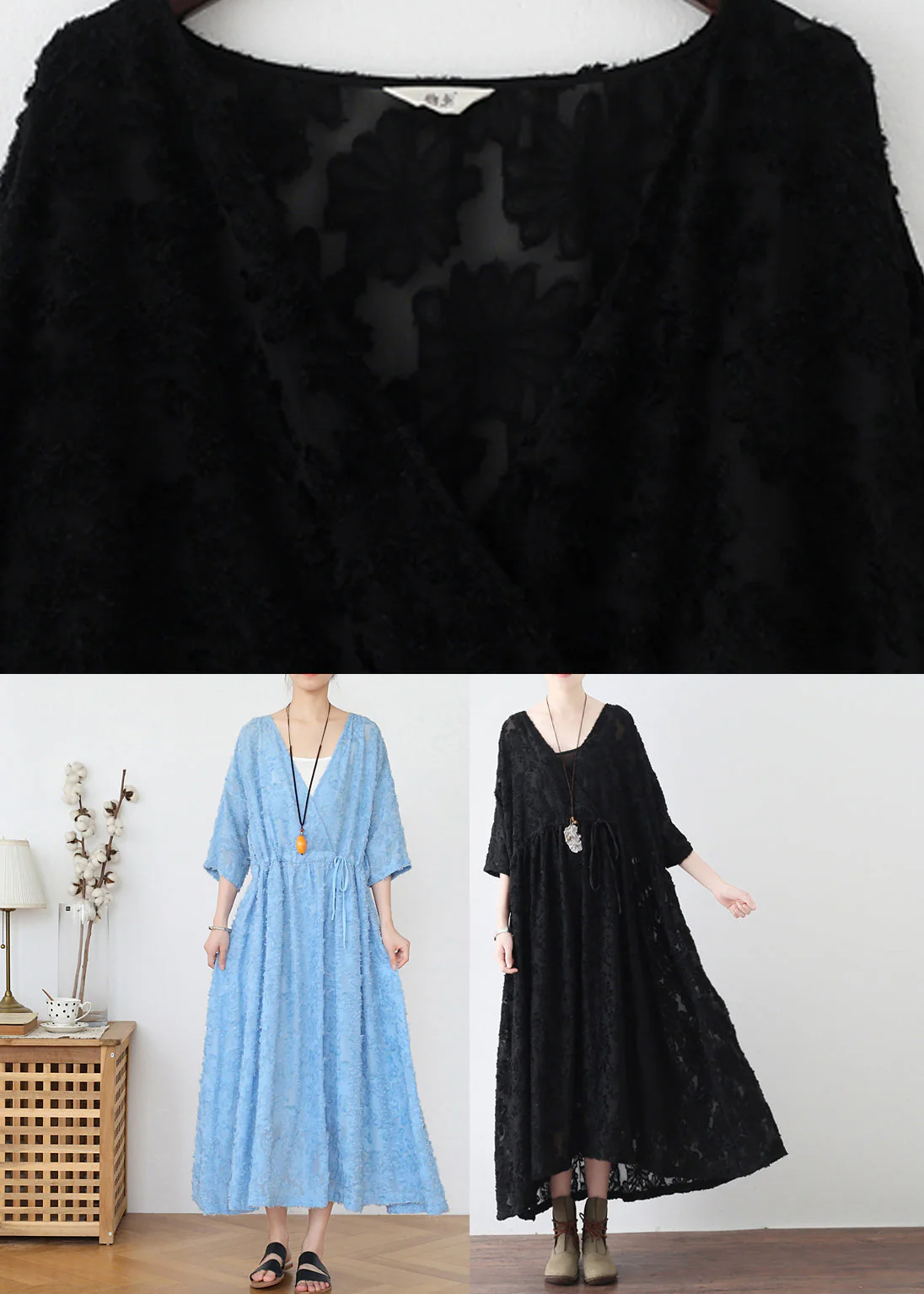 Black V Neck Tie Waist Chiffon Maxi Dresses Long Sleeve - Image 5