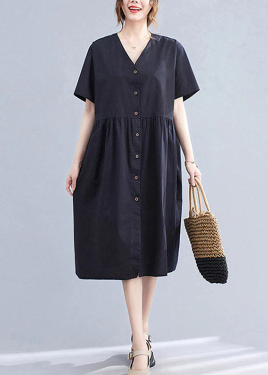 Black V Neck Wrinkled Cotton Long Dress Short Sleeve - Image 2