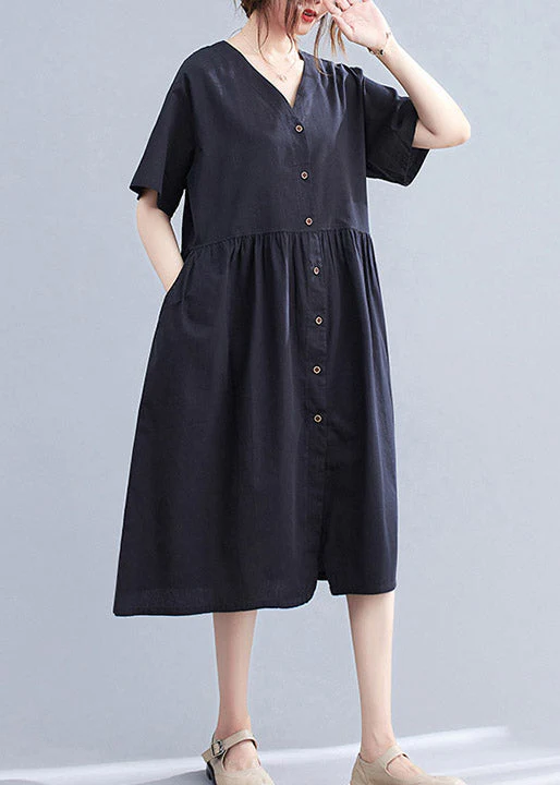 Black V Neck Wrinkled Cotton Long Dress Short Sleeve - Image 3