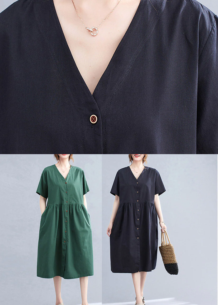 Black V Neck Wrinkled Cotton Long Dress Short Sleeve - Image 4