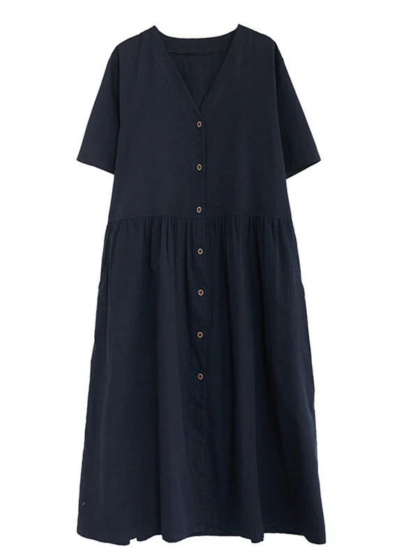 Black V Neck Wrinkled Cotton Long Dress Short Sleeve - Image 5