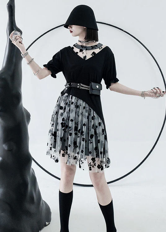 Black White Tulle Patchwork Cotton Streetwear Dresses Print Short Sleeve - Image 2