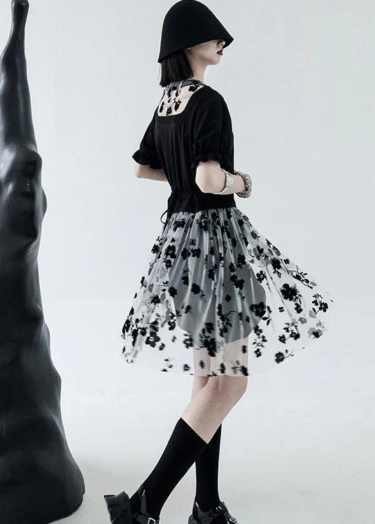 Black White Tulle Patchwork Cotton Streetwear Dresses Print Short Sleeve - Image 3