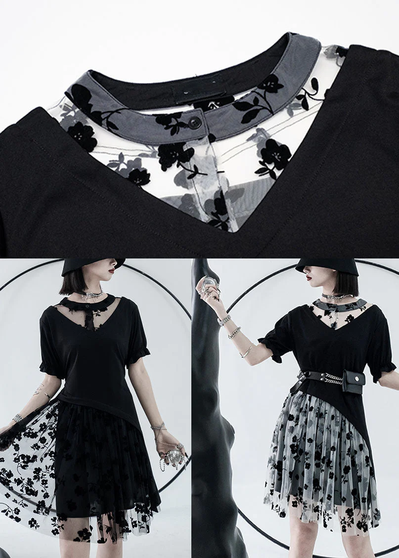 Black White Tulle Patchwork Cotton Streetwear Dresses Print Short Sleeve - Image 4