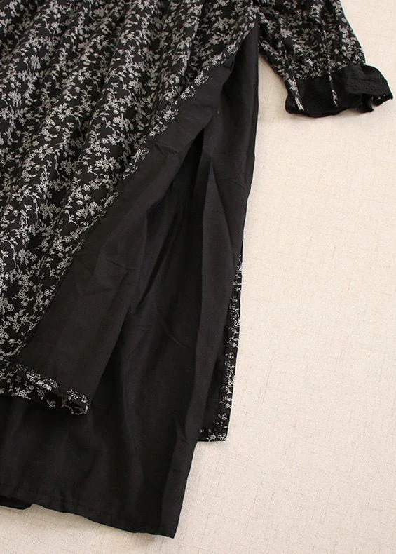 Black Wrinkled Button Cotton Dress Peter Pan Collar Spring - Image 3