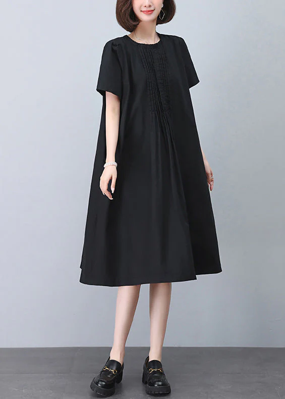Black Wrinkled Cotton Dresses O Neck Short Sleeve - Image 2